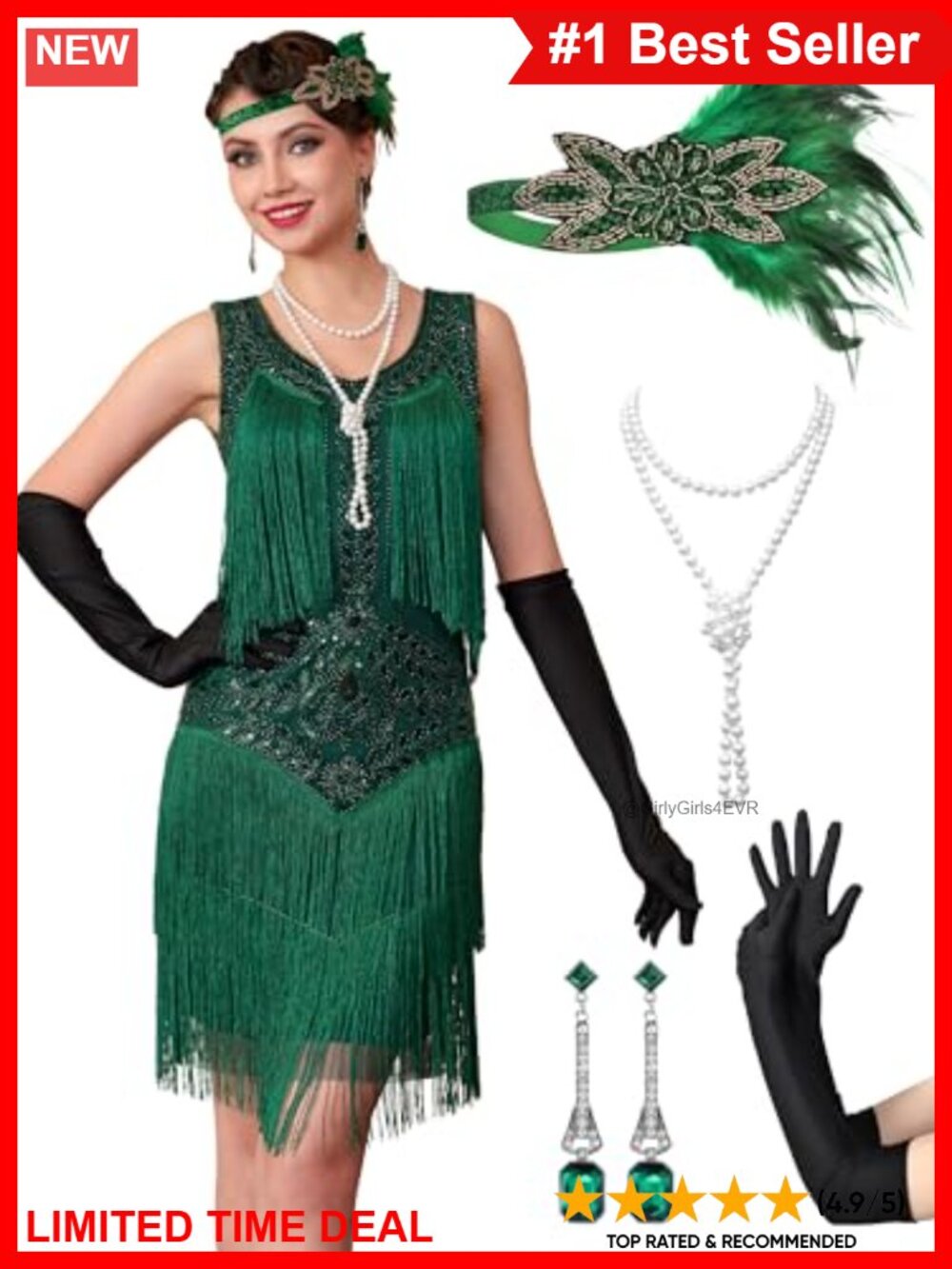 1920s Flapper Dress Lace V Neck Fringed Roaring 20s Gatsby Costume